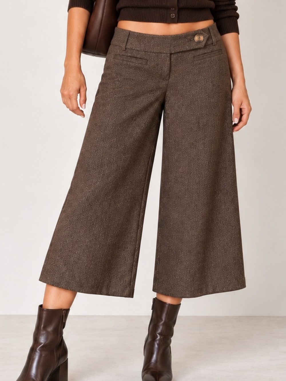 Copper Key Brown Herringbone Wide-Leg Capri Pants Size S XS